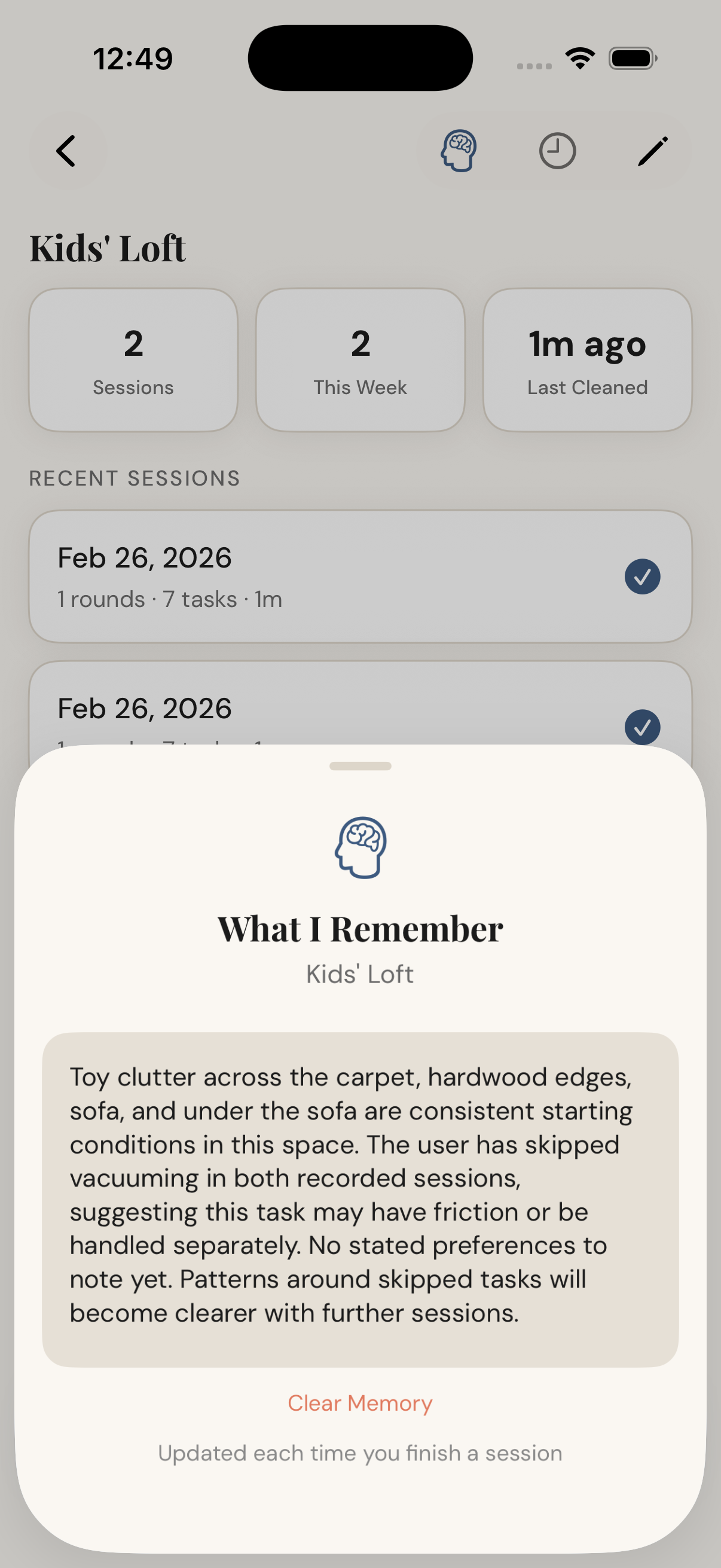 Unfrozen app - Memory feature showing what the AI remembers about your space